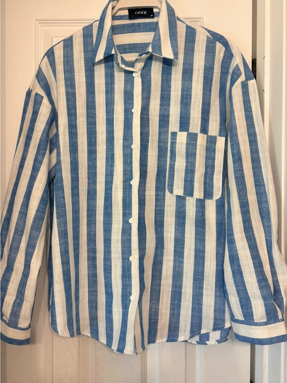 Cider NWOT Blue Cream Striped Linen Blend Button Up Shirt Top M Medium